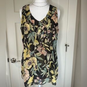 Cabi Floral Ruffle Front Sleeveless Blouse Black Yellow Pink Size Small